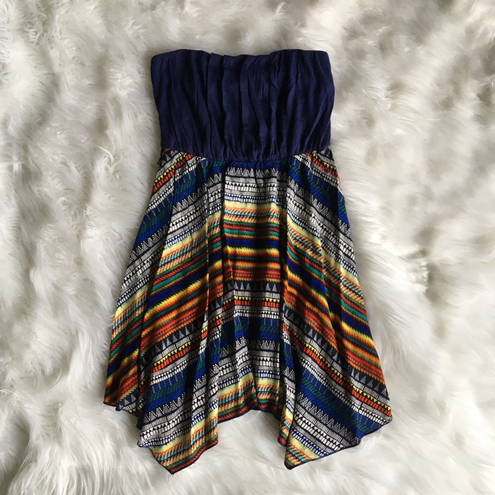 Strapless Rainbow Tribal Print Dress